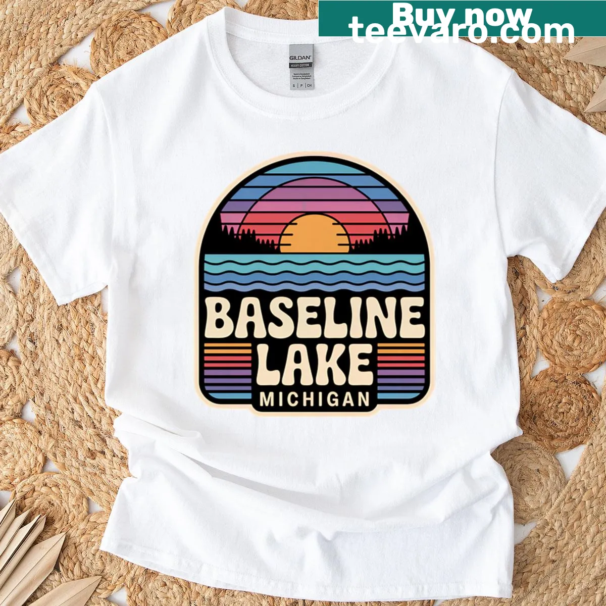 Retro t-shirt with scenic Lake Michigan sunset design — on a men's t-shirt