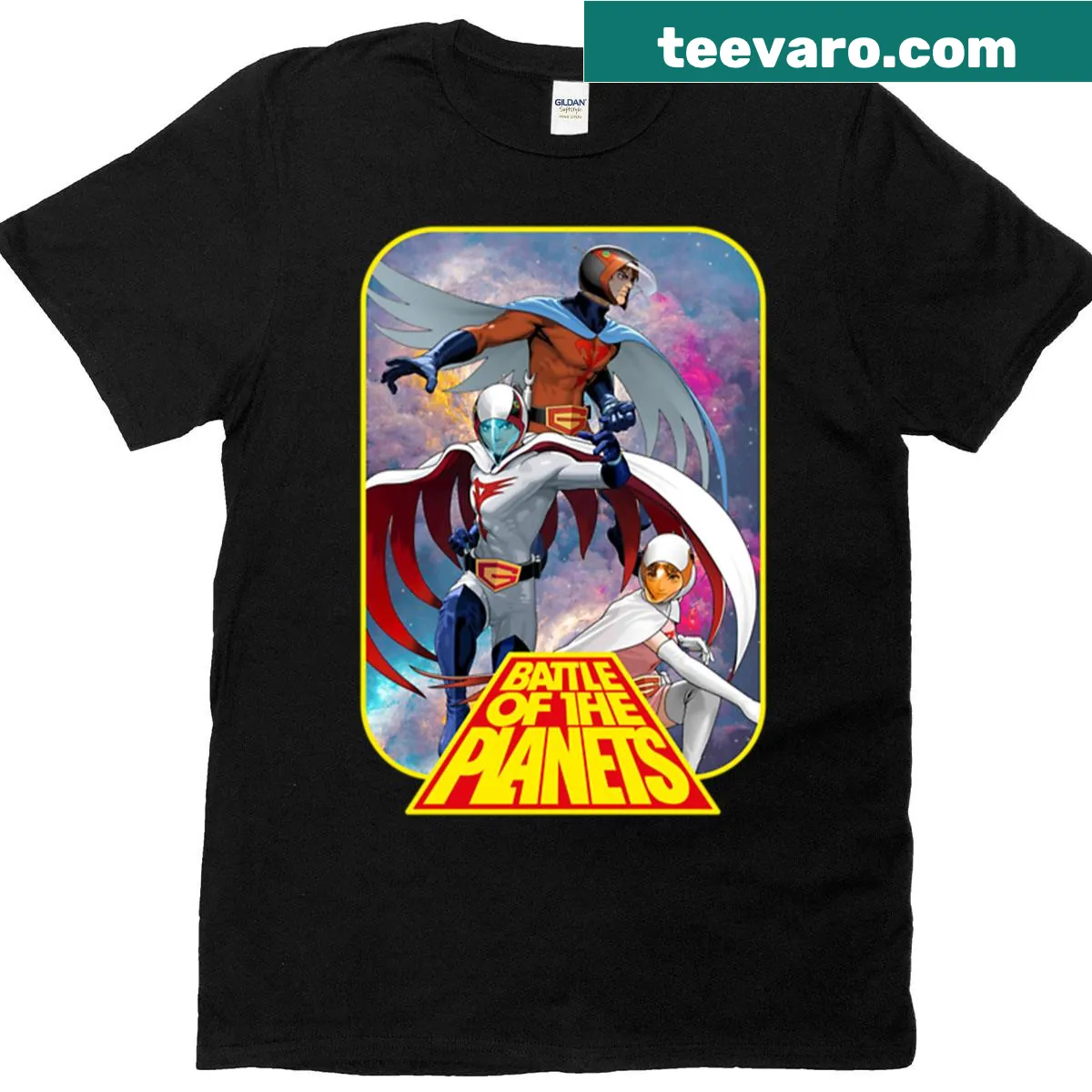 Retro-inspired graphic from Battle Of The Planets on t-shirt — on a men's t-shirt