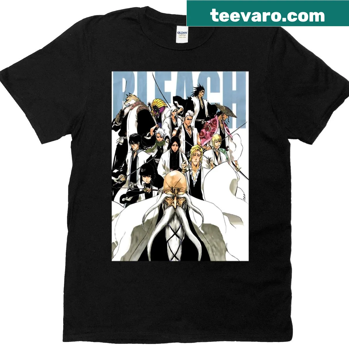 Cartoon-style graphic of popular anime characters and themes on T-shirt, celebrating anime fandom — on a men's t-shirt