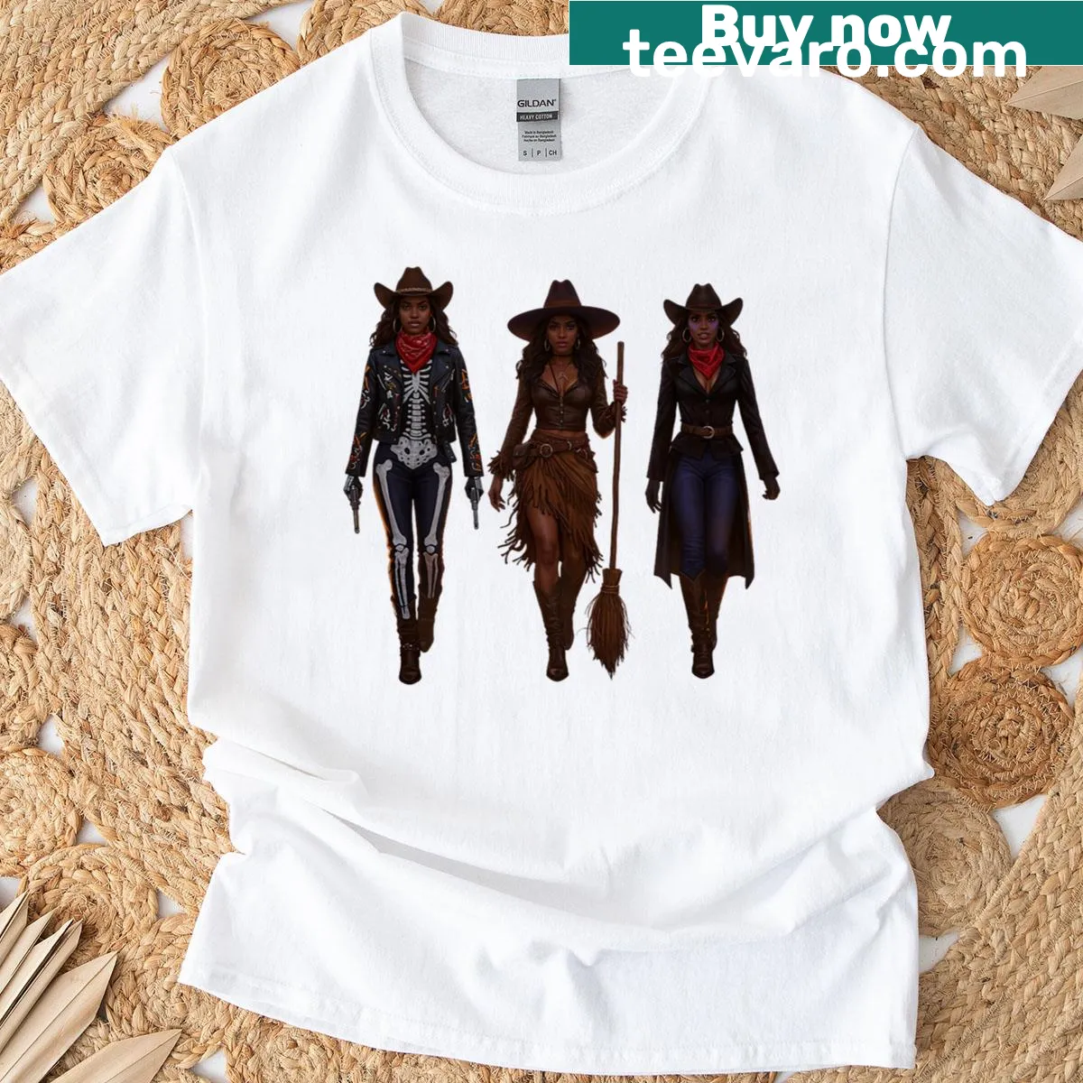 Illustration of a melanin witch in a cowgirl outfit, perfect for Halloween — on a men's t-shirt