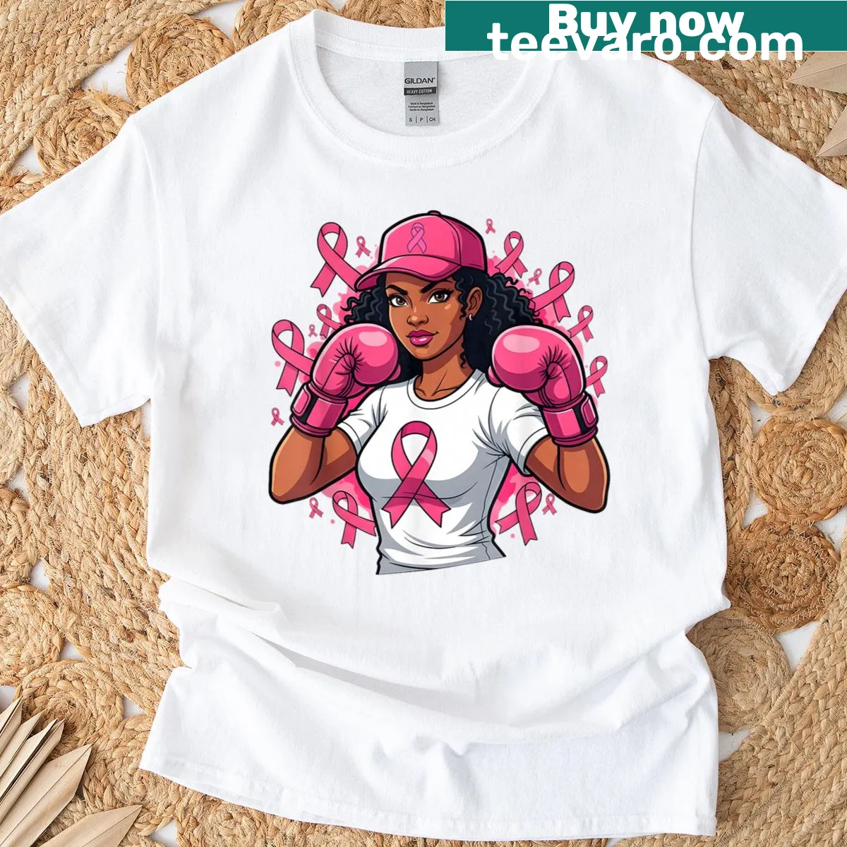 T-shirt with Afro pink ribbon and empowering message for Black women — on a men's t-shirt