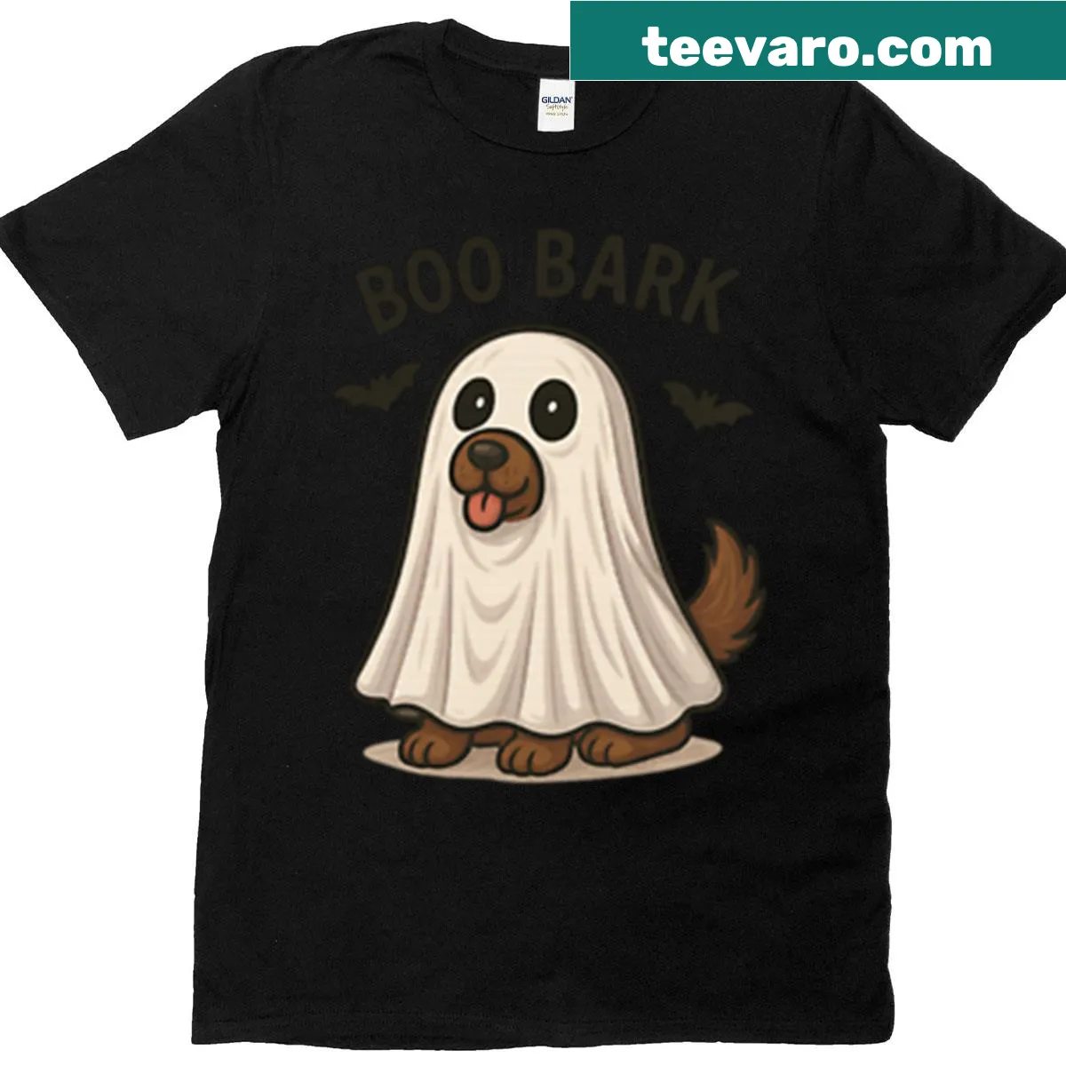 Cute ghost dog illustration on T-shirt, perfect for Halloween and dog lovers — on a men's t-shirt