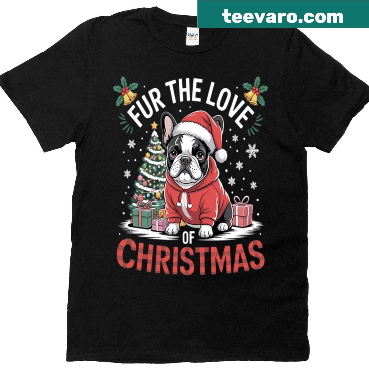 Boston Terrier illustration with Christmas tree decorations on T-shirt, celebrating dog love — on a men's t-shirt