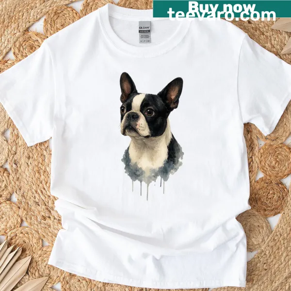 Watercolor portrait of a Boston Terrier on a t-shirt