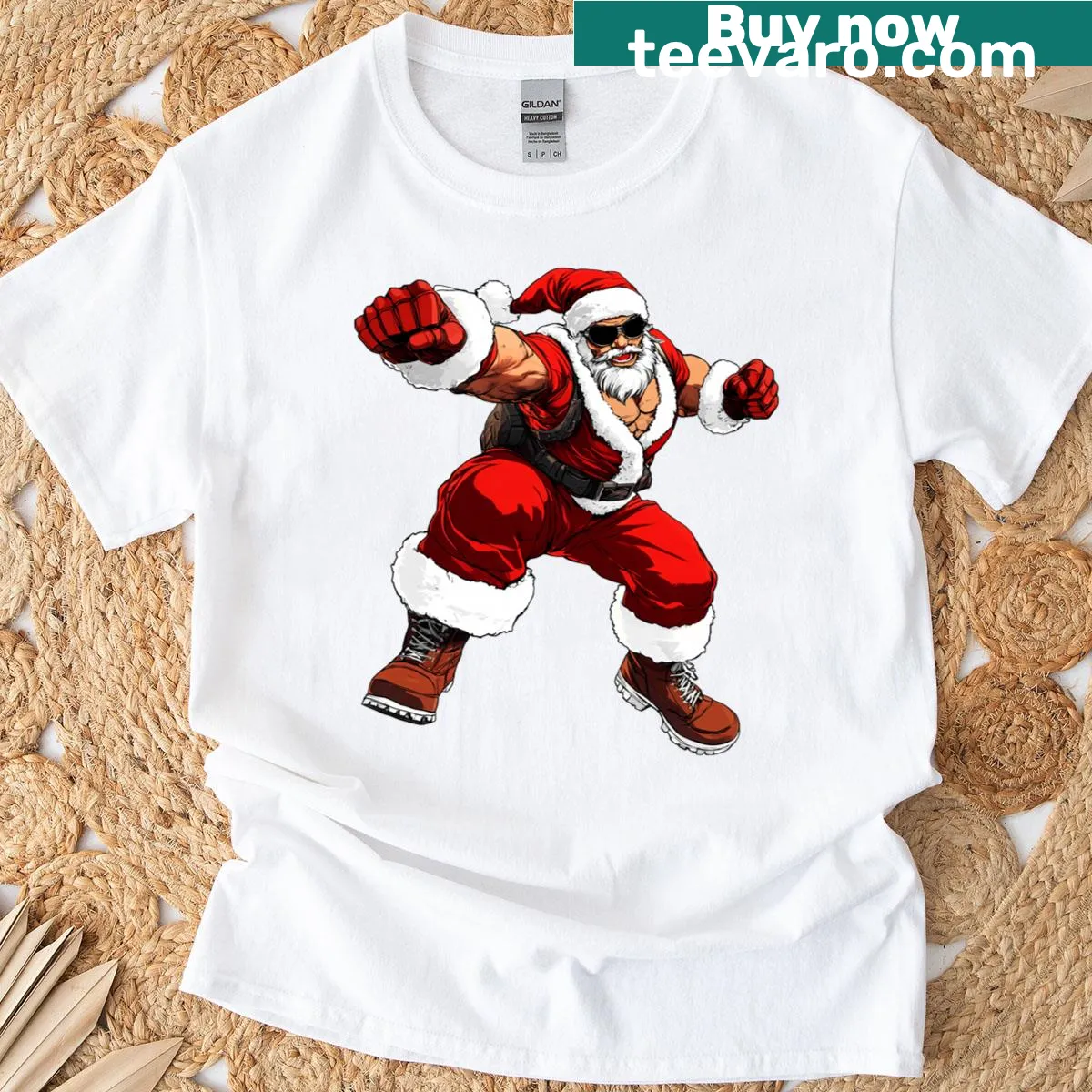 Illustrative Christmas t-shirt featuring a playful boxer dog — on a men's t-shirt