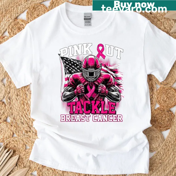 Football-themed pink awareness graphic on a t-shirt