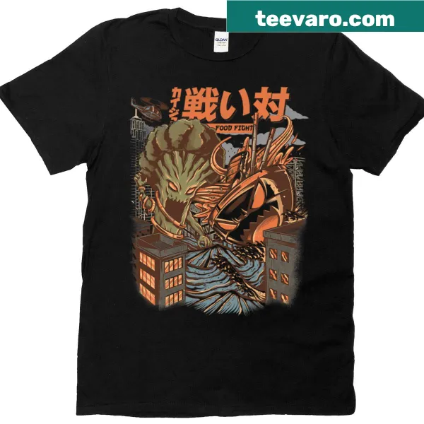 Dynamic graphic of Brocco battling Ramen Kaijus on a t-shirt