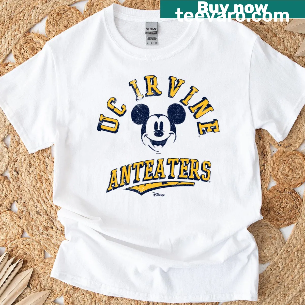 Retro Cal Irvine Anteaters T-shirt with Mickey Mouse design — on a men's t-shirt