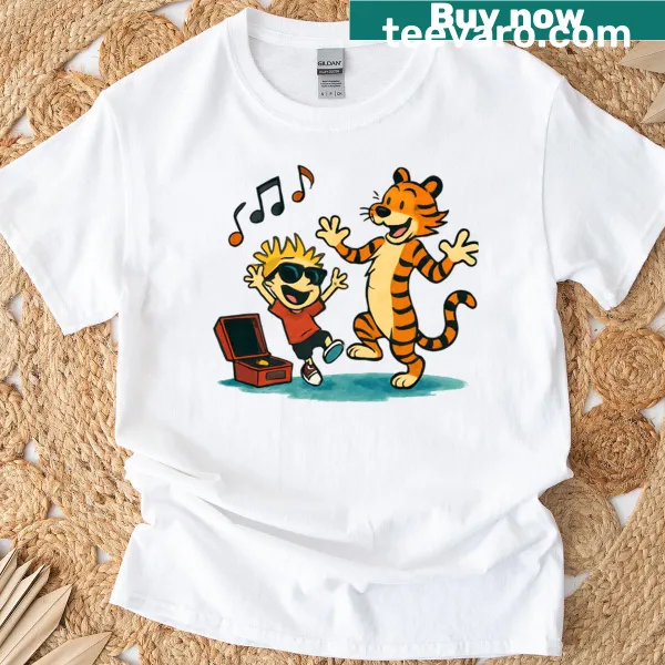 Comic-style T-shirt featuring Calvin and Hobbes dancing
