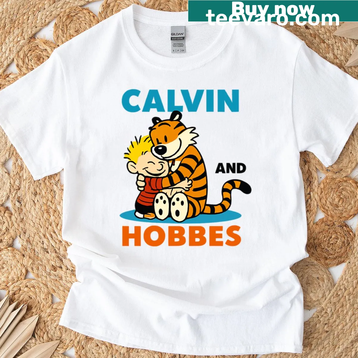 Calvin and Hobbes embracing graphic on a t-shirt — on a men's t-shirt