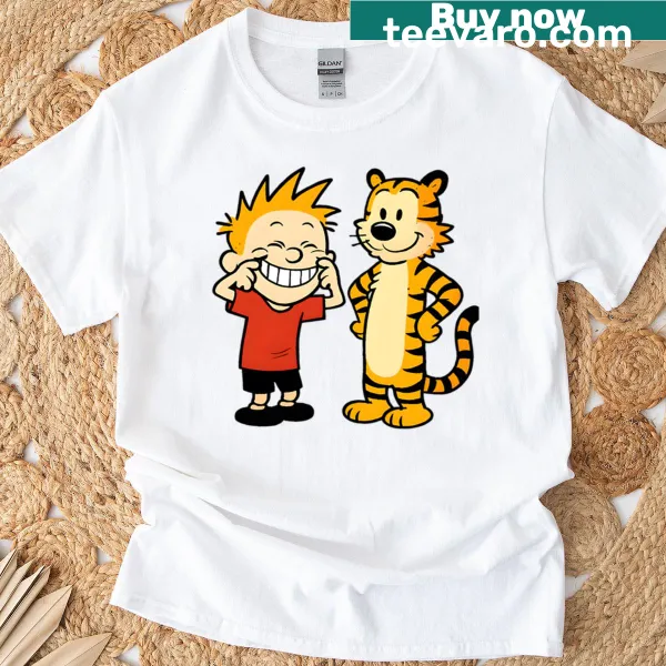 Calvin and Hobbes smiling graphic on a playful t-shirt