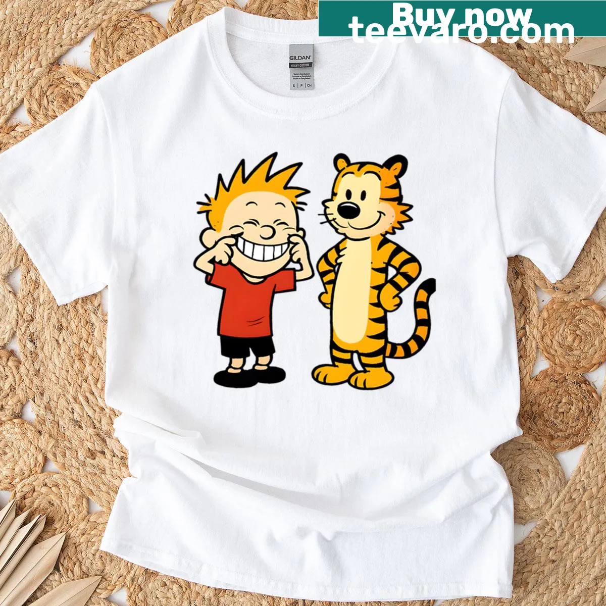 Calvin and Hobbes smiling graphic on a playful t-shirt — on a men's t-shirt