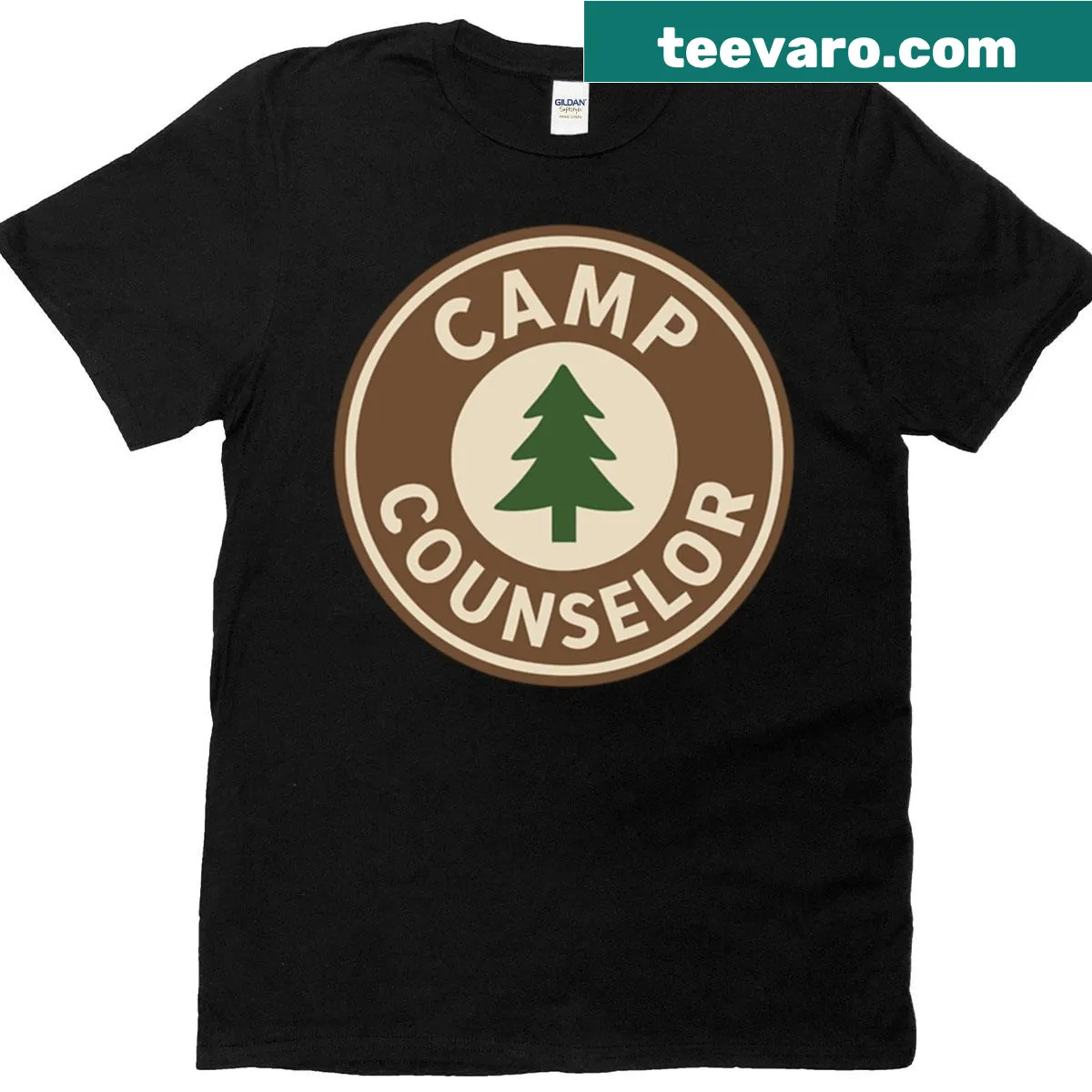 Retro-style camp counselor badge graphic on t-shirt — on a men's t-shirt