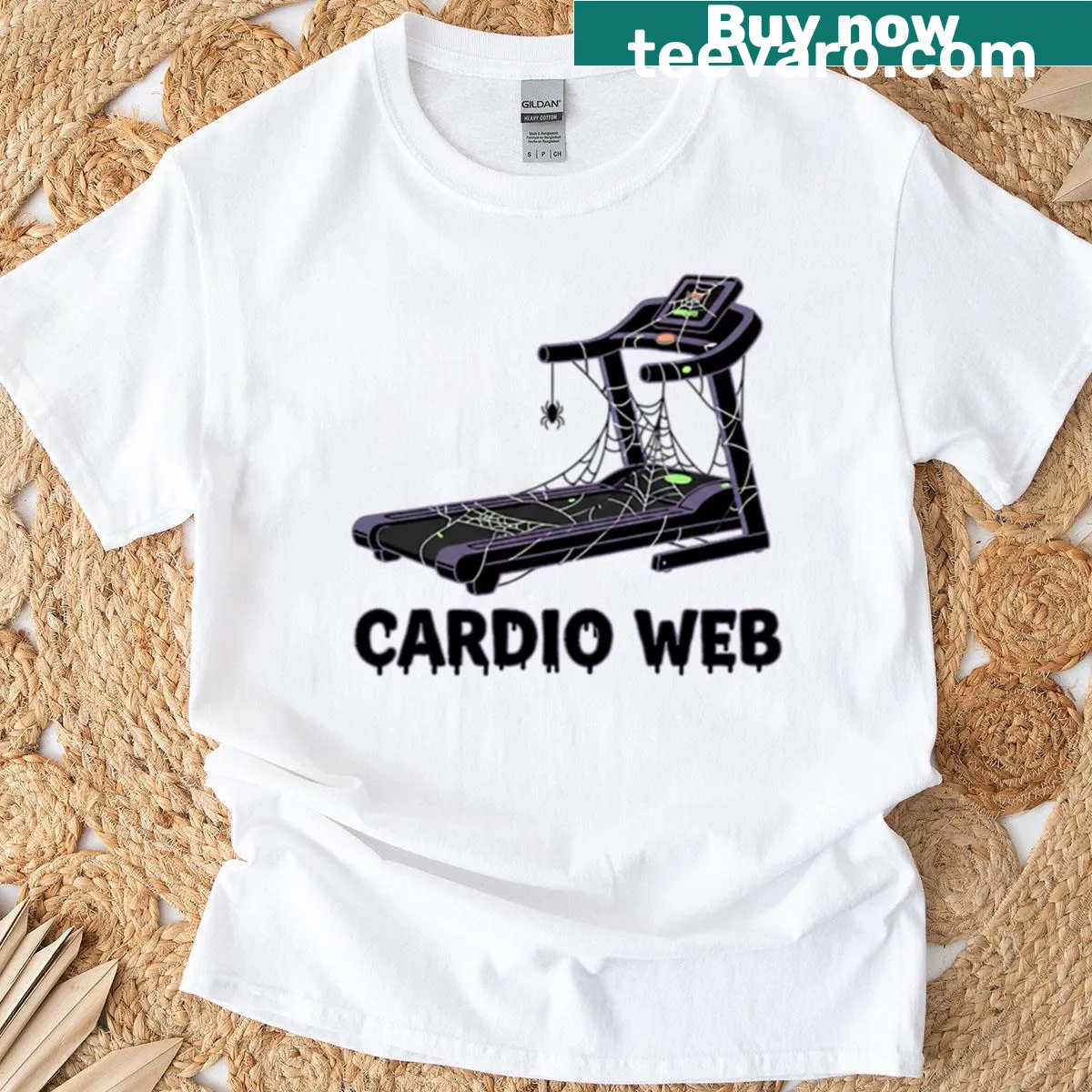 Funny T-shirt featuring spiderweb graphic related to cardio and gym humor — on a men's t-shirt