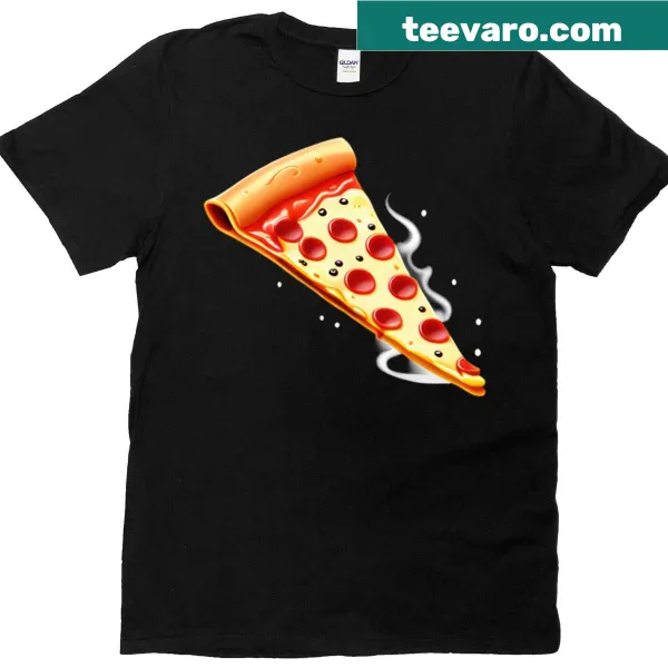 Cartoon pizza slice graphic on a fun t-shirt