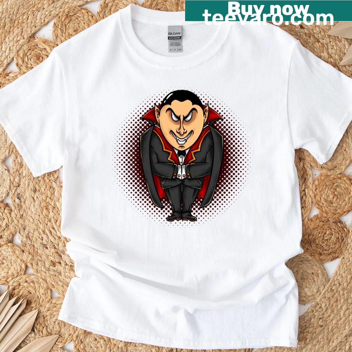 Cartoon vampire character ready for Halloween fun — on a men's t-shirt