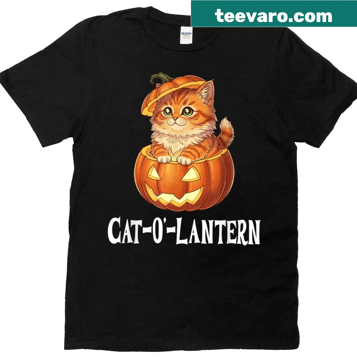 Cute Halloween graphic of a cat in a pumpkin on a t-shirt — on a men's t-shirt