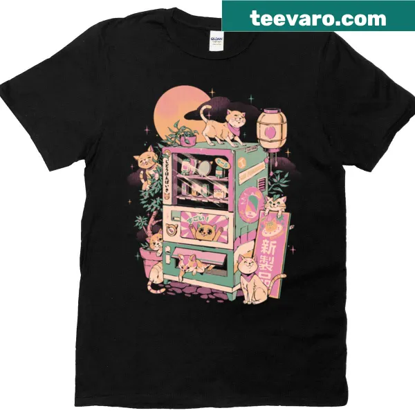 Whimsical cat vending machine design on a T-shirt