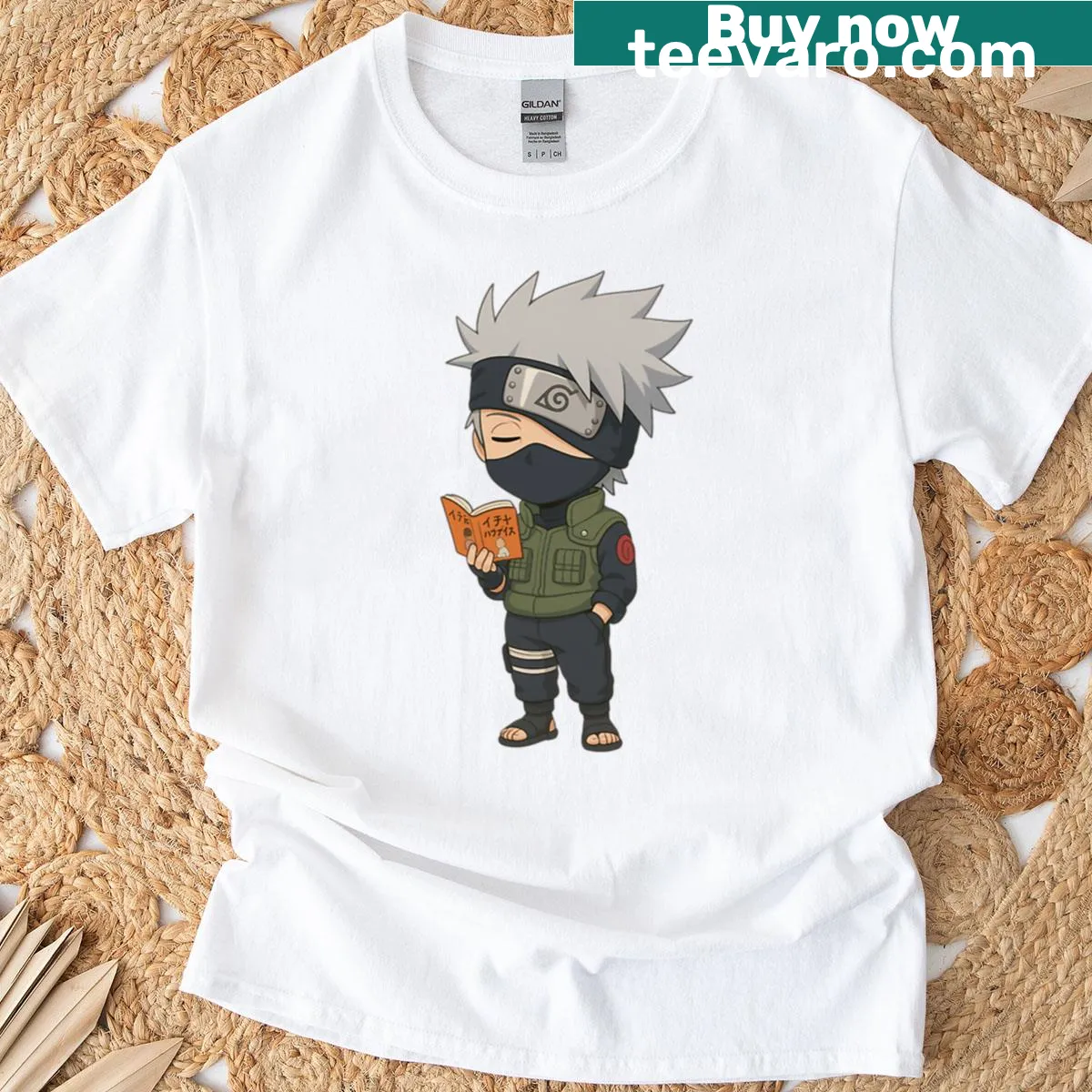 Chibi Kakashi Hatake reading in a cute anime style illustration — on a men's t-shirt