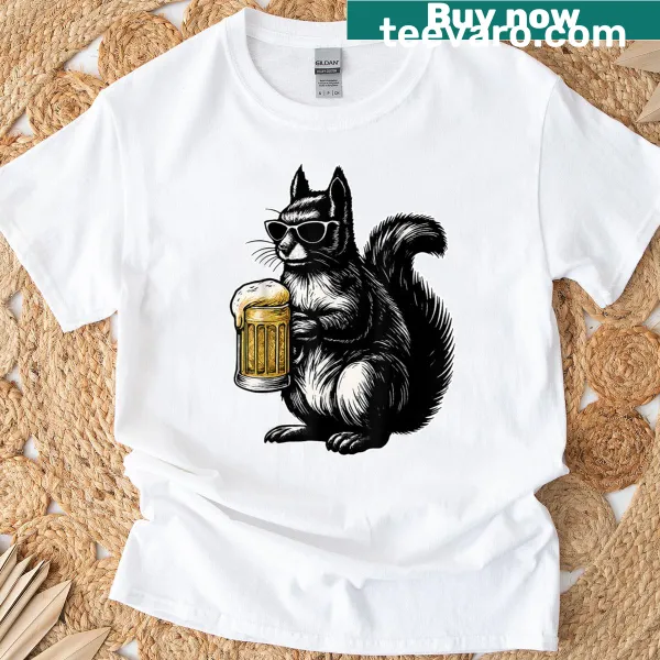 Funny cartoon squirrel drinking beer on a t-shirt