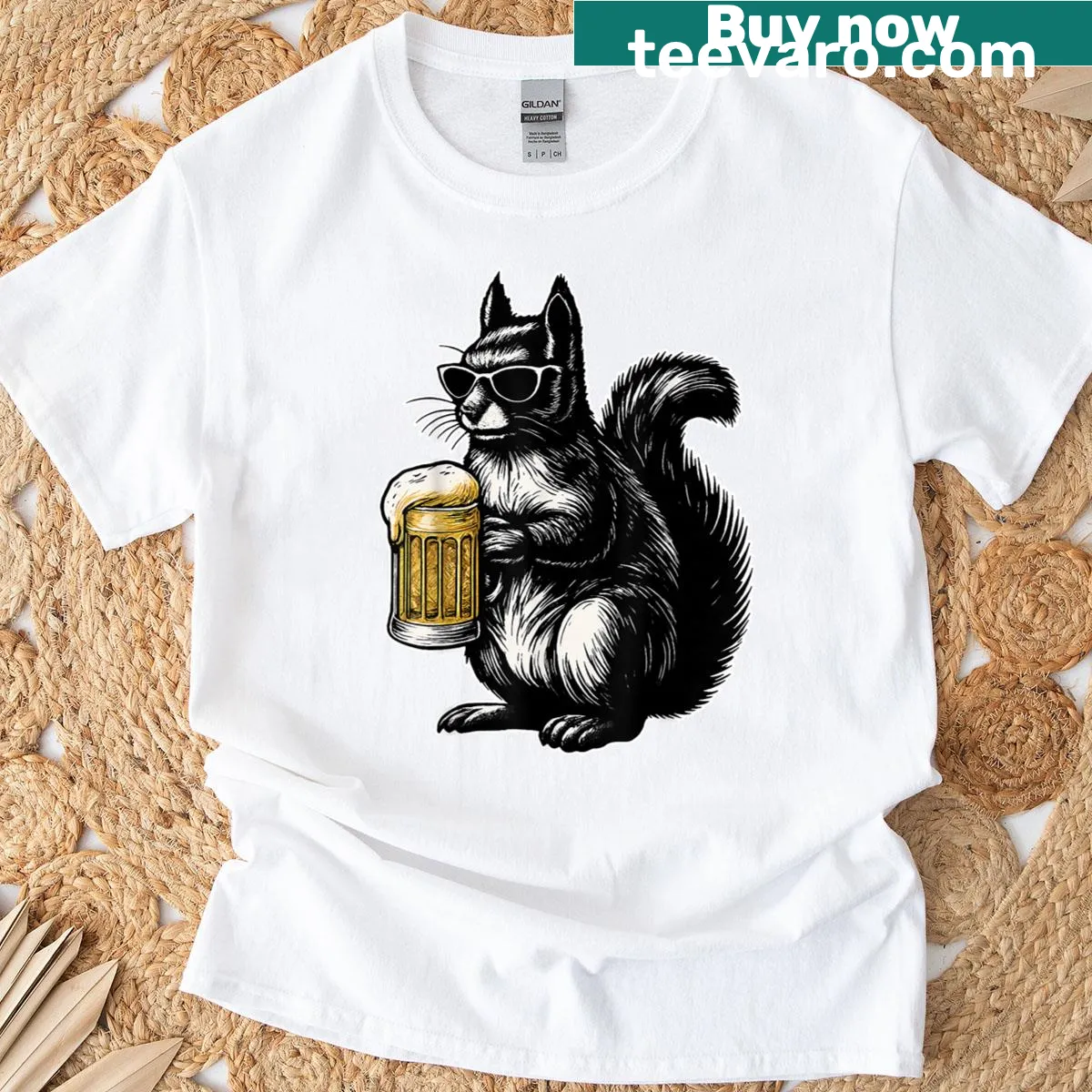 Funny cartoon squirrel drinking beer on a t-shirt — on a men's t-shirt