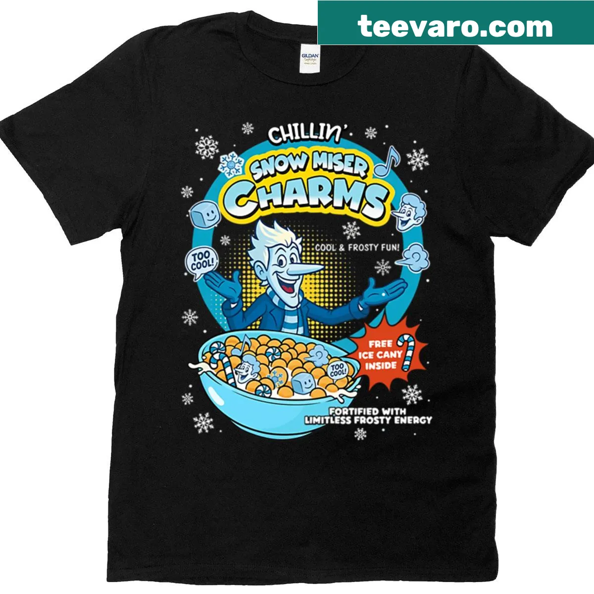 Cartoon graphic of Snow Miser character on T-shirt, perfect for winter nostalgia — on a men's t-shirt
