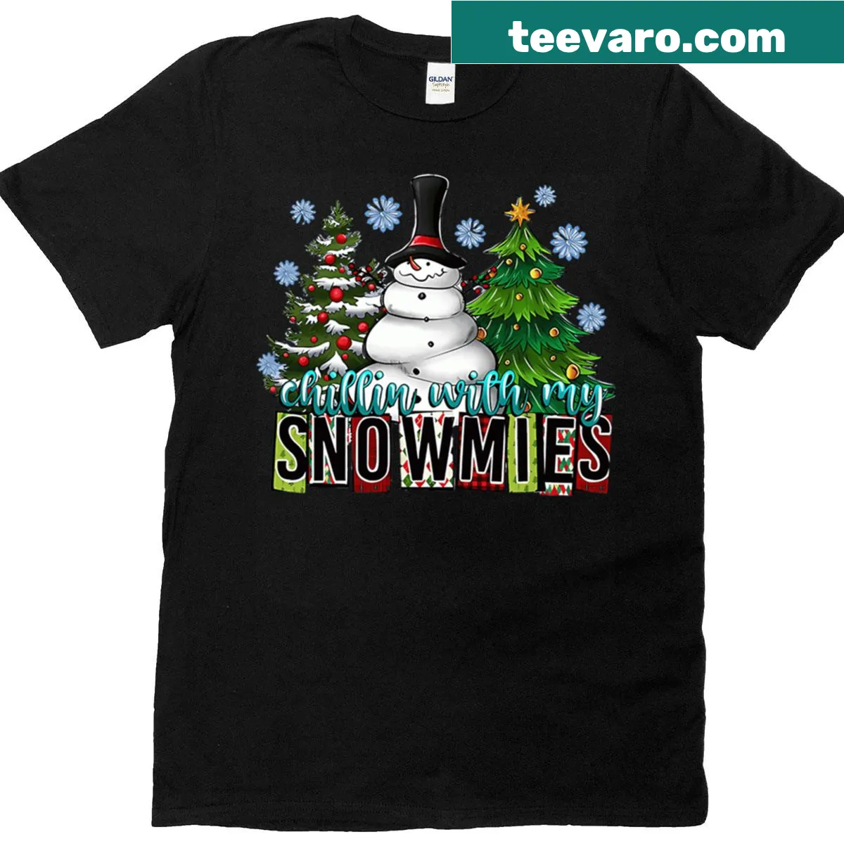 Cute snowman design with Christmas trees on a T-shirt — on a men's t-shirt