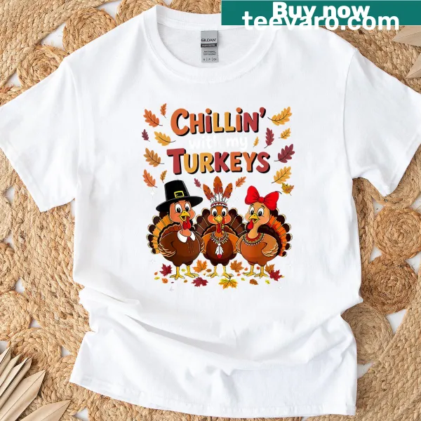 Thanksgiving-themed T-shirt with playful typography featuring turkeys