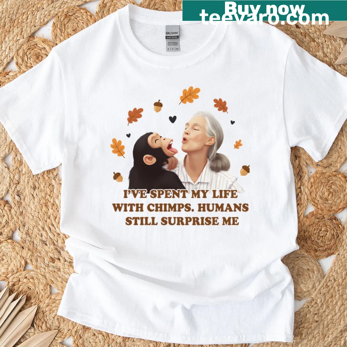 Illustrated chimpanzee on a t-shirt honoring Jane Goodall — on a men's t-shirt