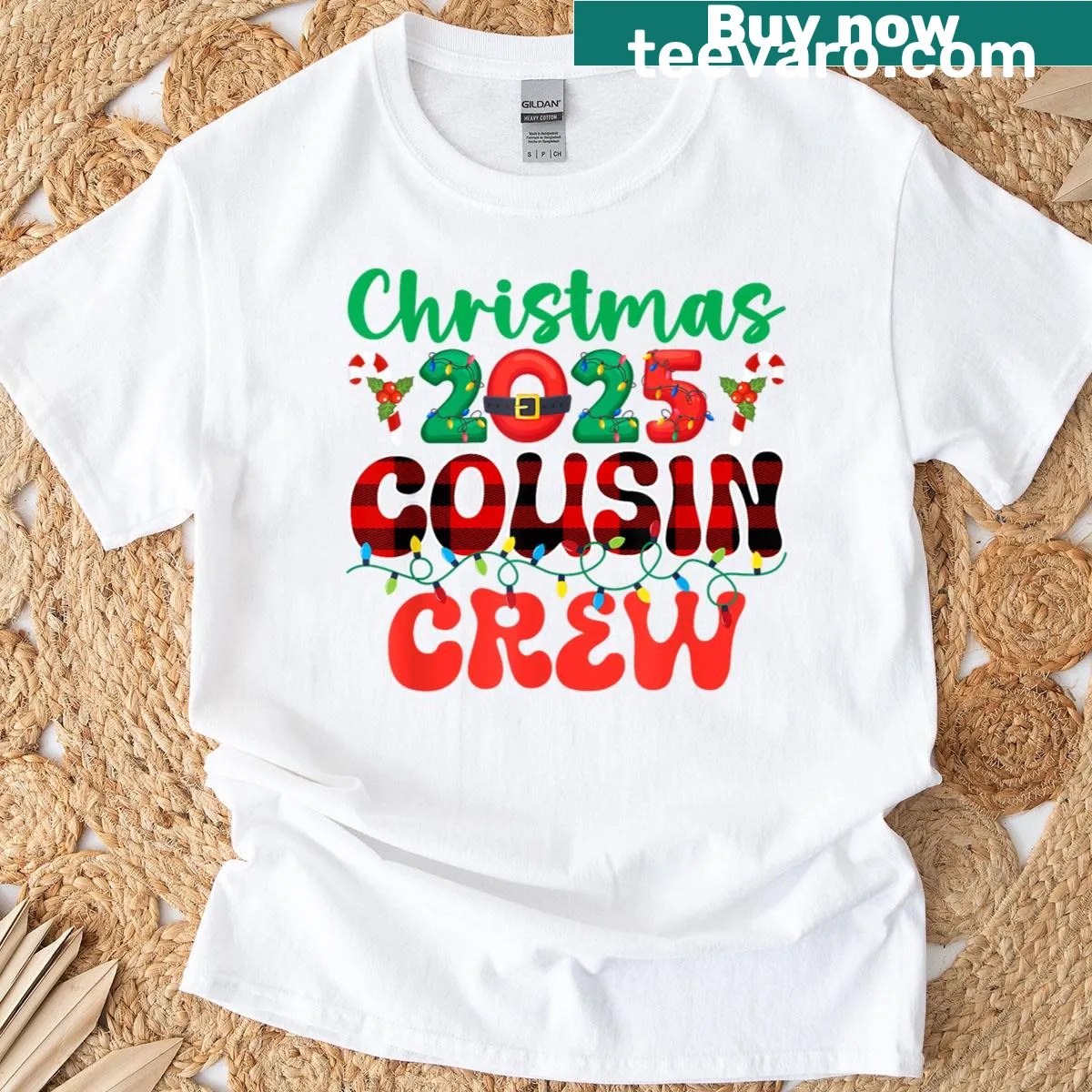 Festive Christmas t-shirt with Cousin Crew text and Xmas lights design — on a men's t-shirt