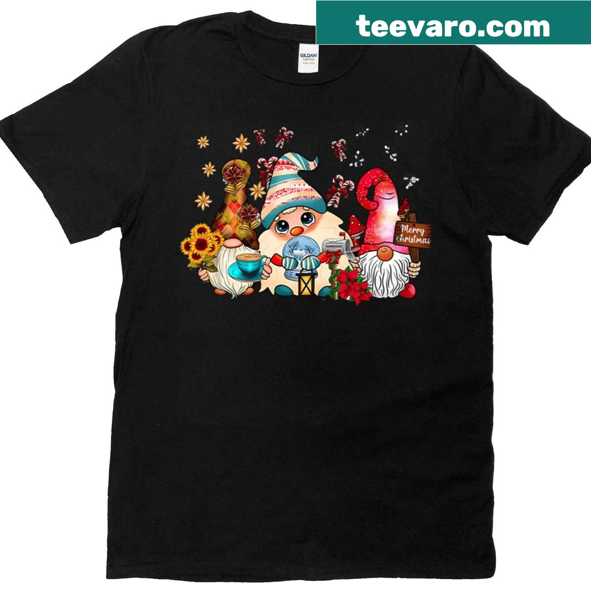 Gnomes with festive items design on a Christmas T-shirt — on a men's t-shirt