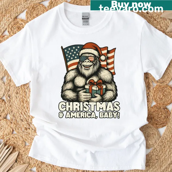 Bigfoot with American flag design on a festive t-shirt