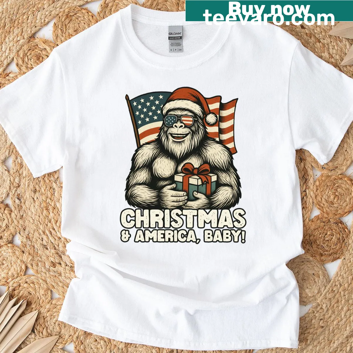 Bigfoot with American flag design on a festive t-shirt — on a men's t-shirt
