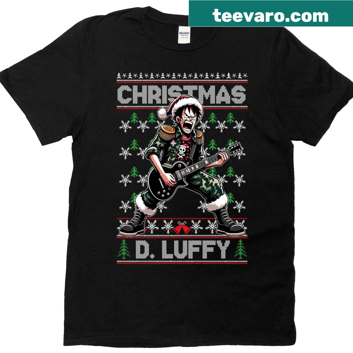 Luffy playing guitar in a festive Christmas design on a T-shirt — on a men's t-shirt