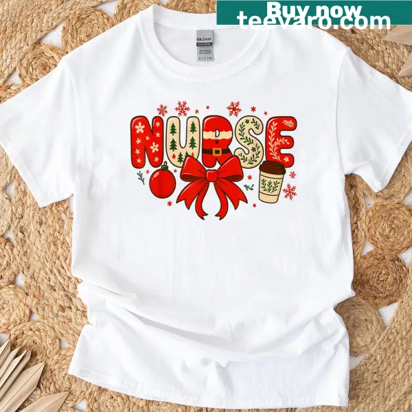 Christmas-themed nurse graphic T-shirt with bow design