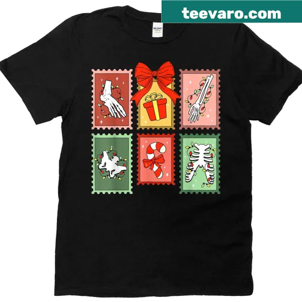 Christmas-themed T-shirt for orthopedic nurses with festive stamp design