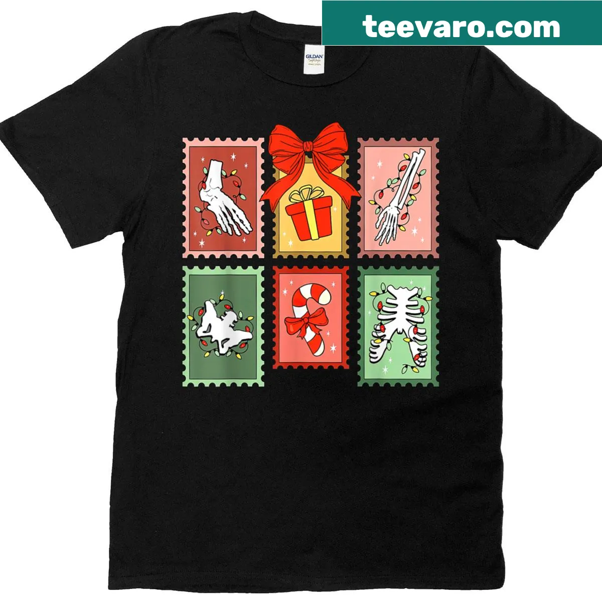Christmas-themed T-shirt for orthopedic nurses with festive stamp design — on a men's t-shirt