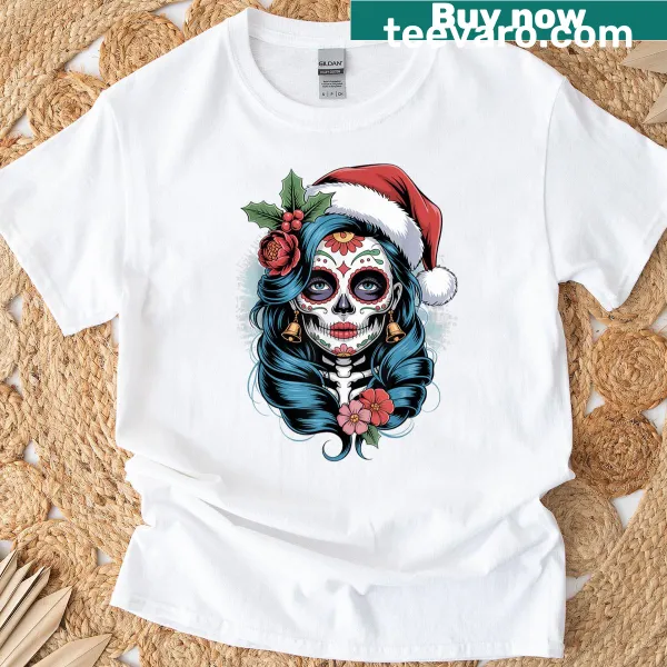Sugar skull design with Santa hat for a festive, edgy look