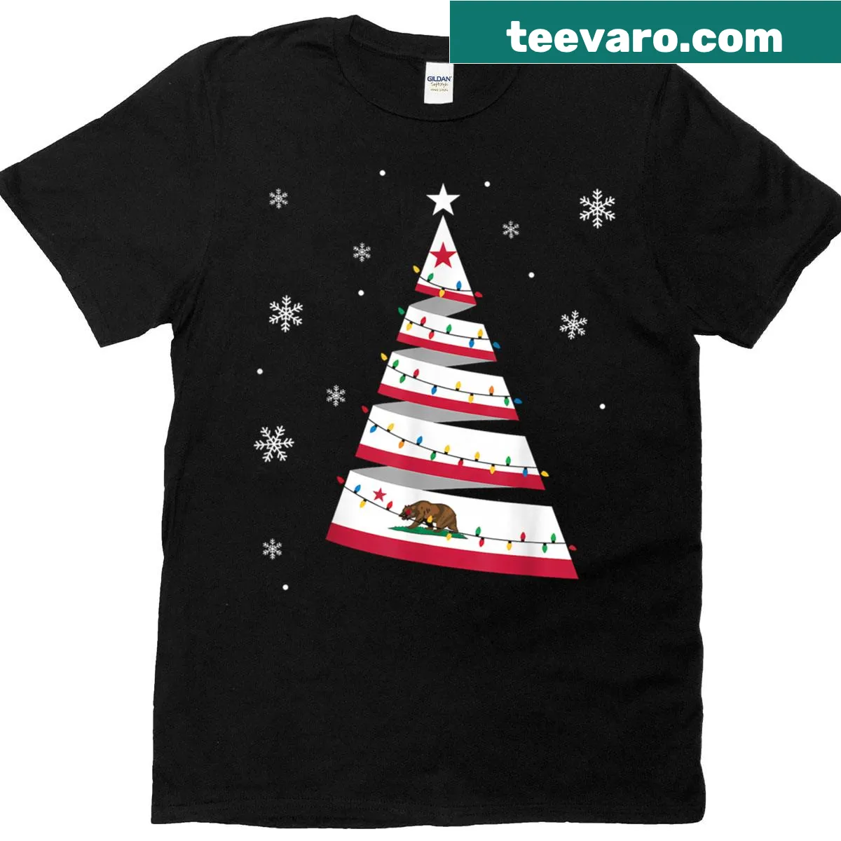 Christmas T-shirt with California flag and tree design — on a men's t-shirt