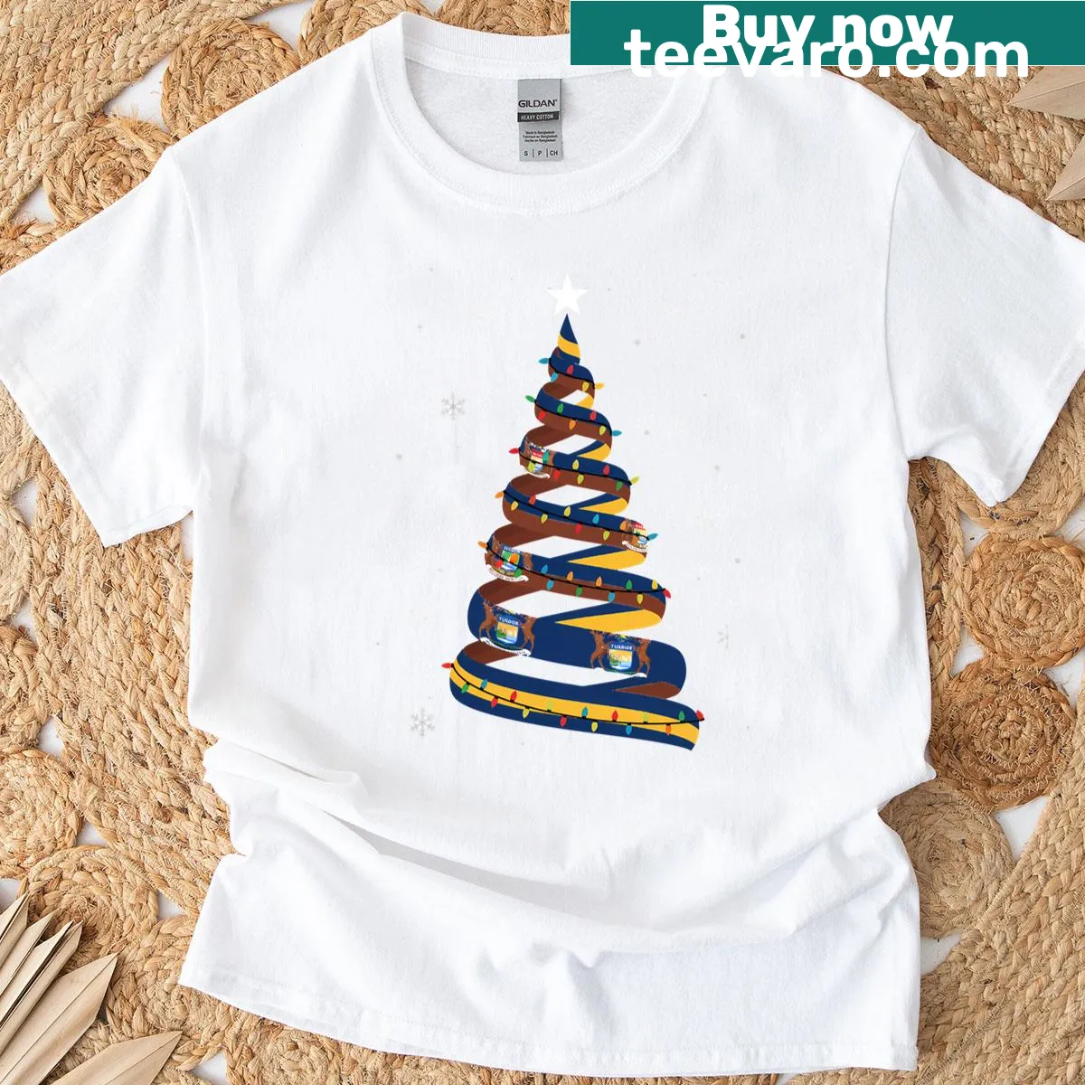 Christmas T-shirt with Michigan flag and festive tree design — on a men's t-shirt