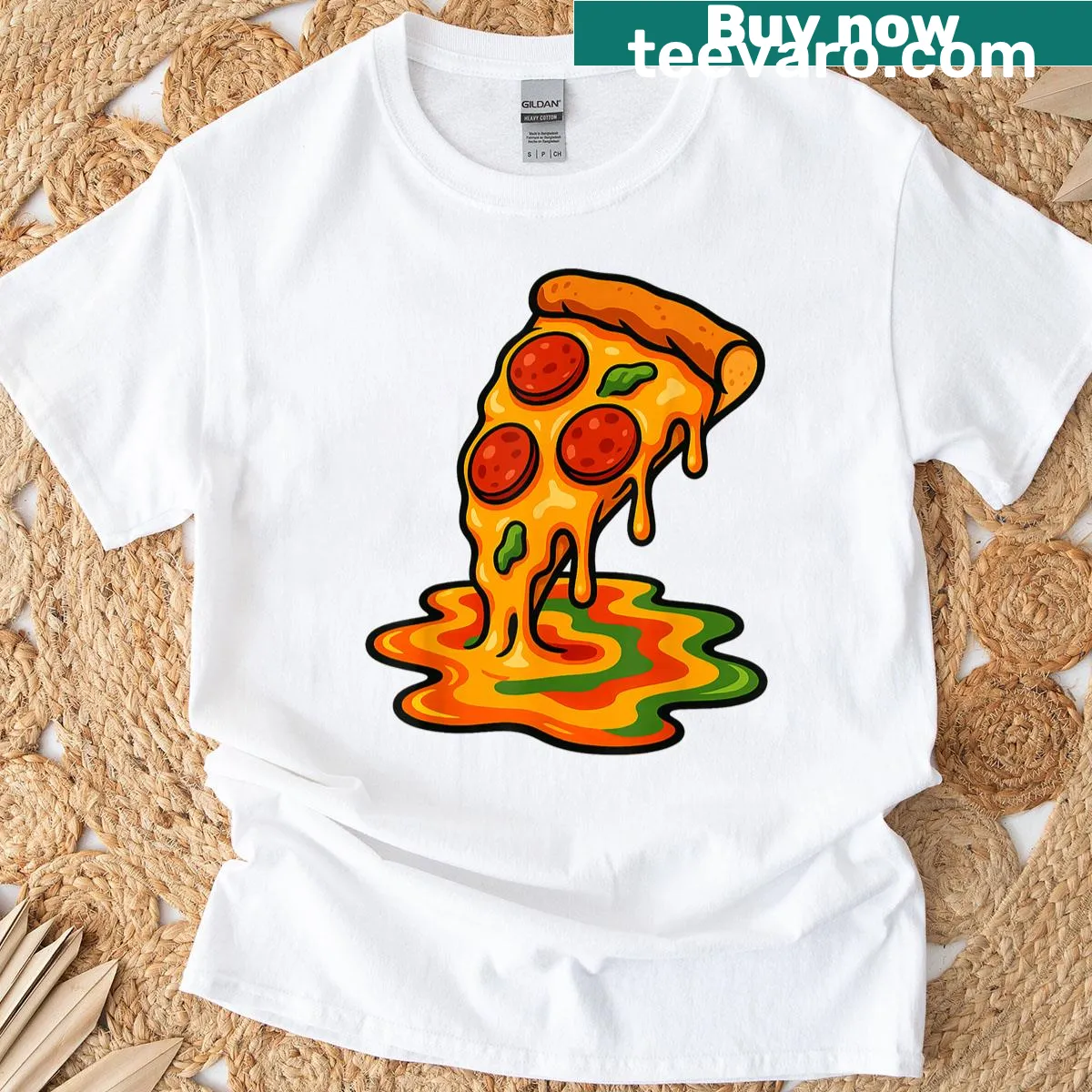 Fun graphic of a melting pizza slice for food lovers — on a men's t-shirt