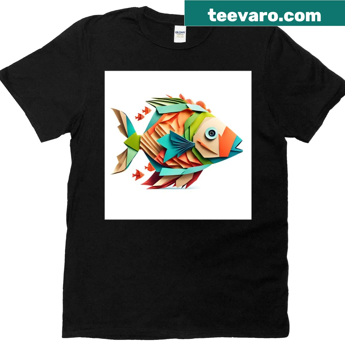 T-shirt with colorful origami fish design — on a men's t-shirt