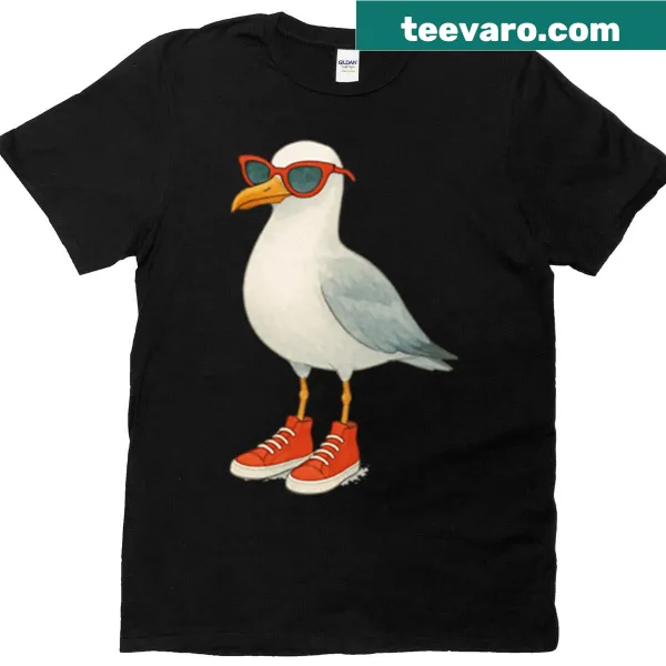 Illustration of a seagull wearing red sneakers on a trendy T-shirt