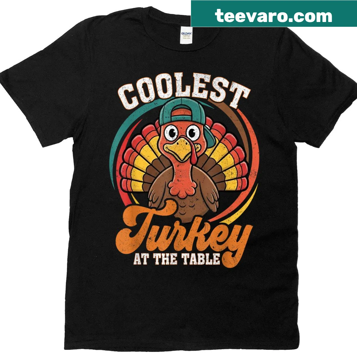 Funny Thanksgiving T-shirt with 'Coolest Turkey At The Table' text — on a men's t-shirt