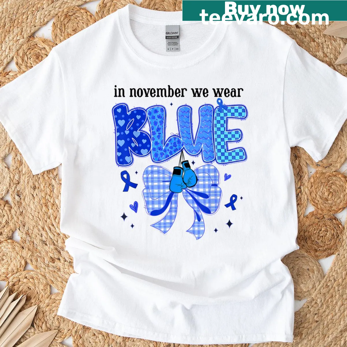 Emblematic T-shirt with ribbon design symbolizing diabetes awareness — on a men's t-shirt