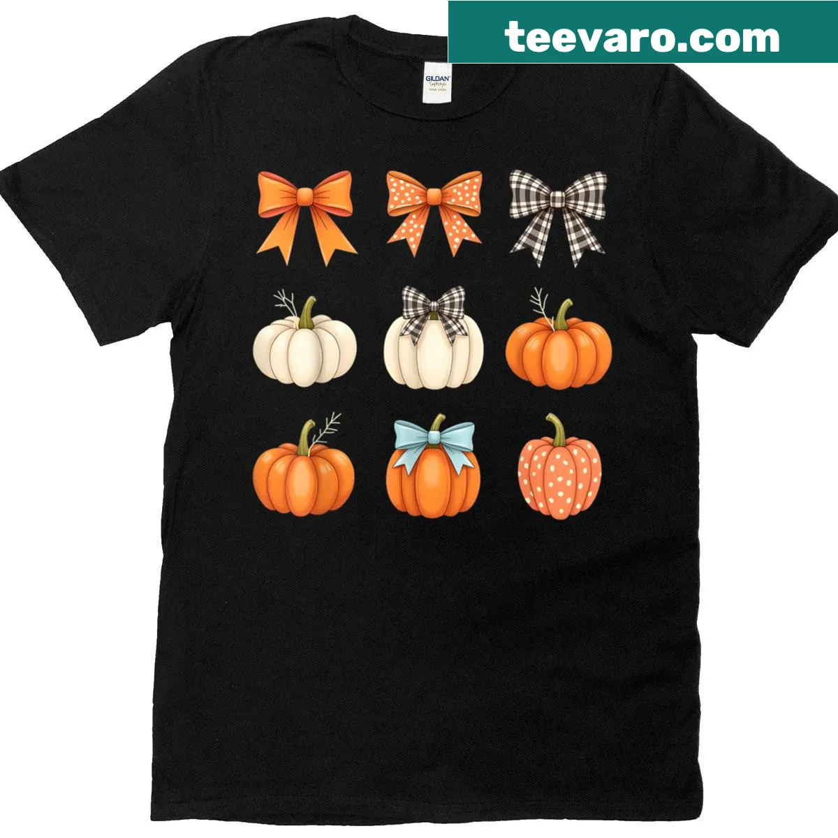 Cute autumn-themed T-shirt with bow and pumpkin illustration — on a men's t-shirt