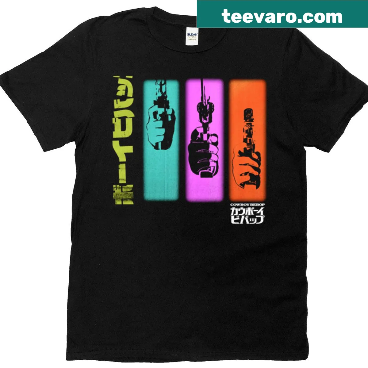Cowboy Bebop-themed T-shirt with bold panels and handgun illustration — on a men's t-shirt