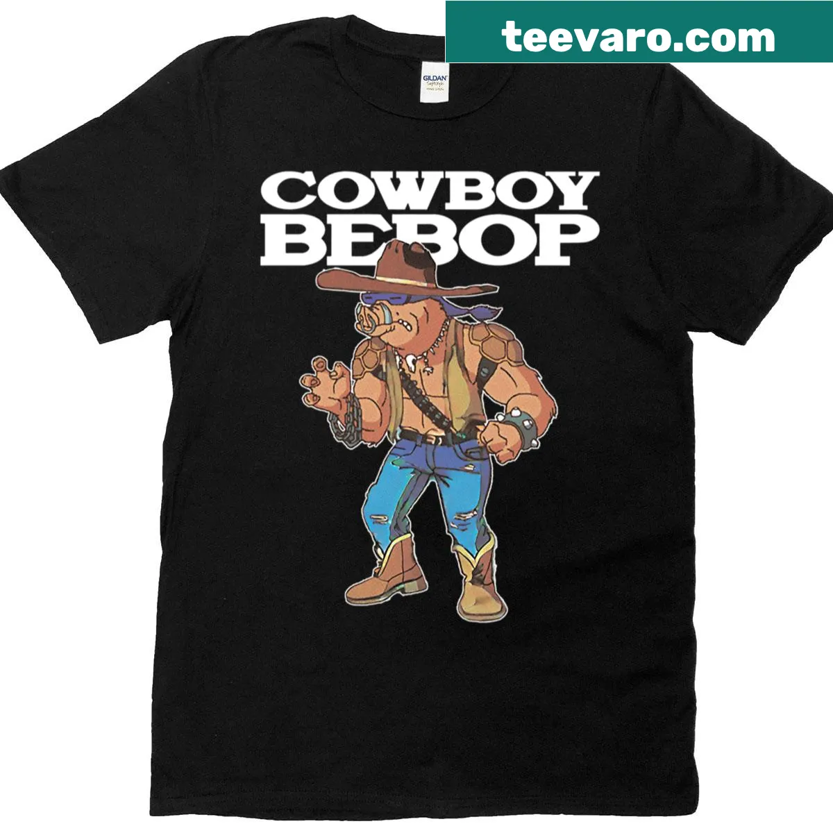 Illustrative design celebrating Cowboy Bebop anime on a t-shirt — on a men's t-shirt