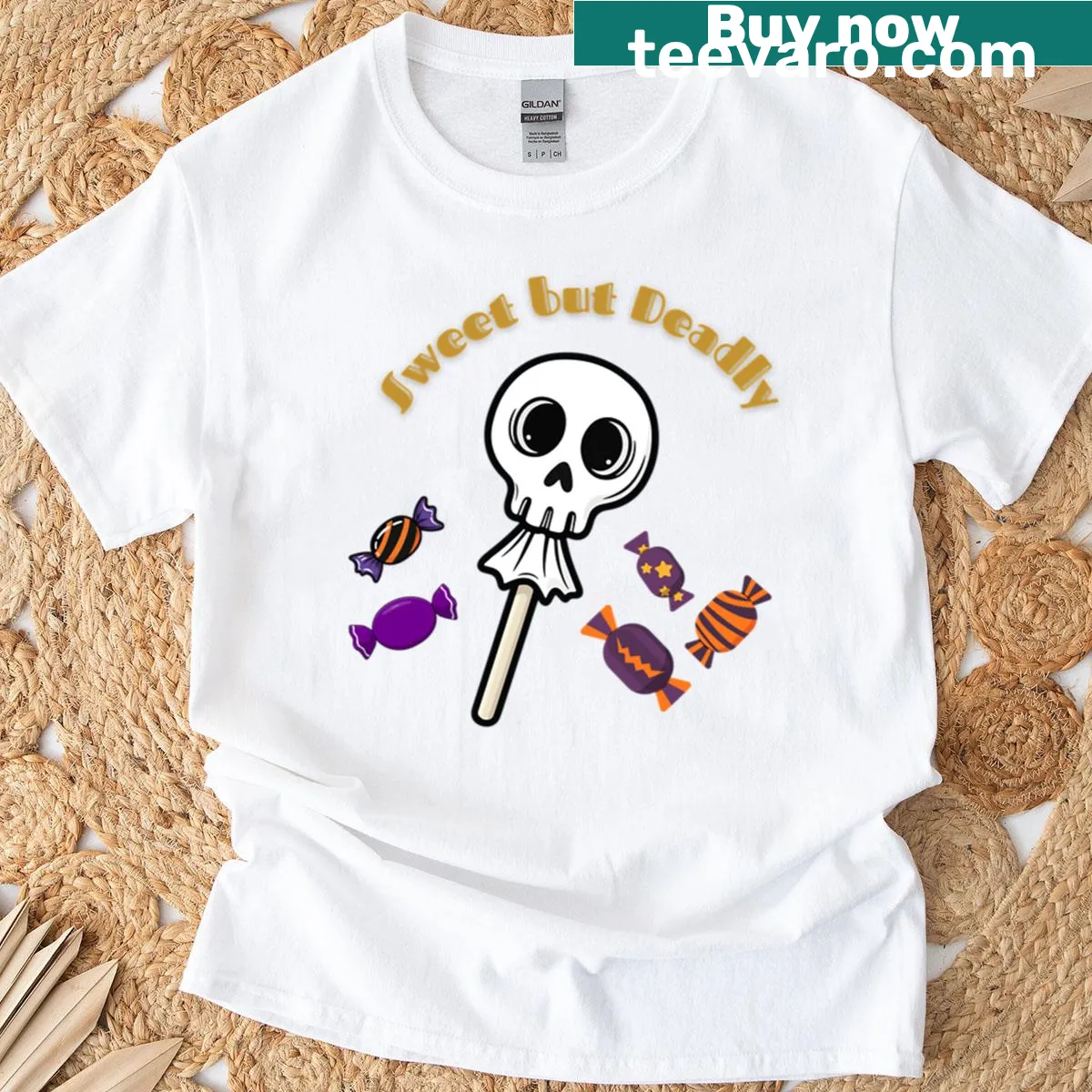Creepy skull graphic T-shirt with candy designs — on a men's t-shirt