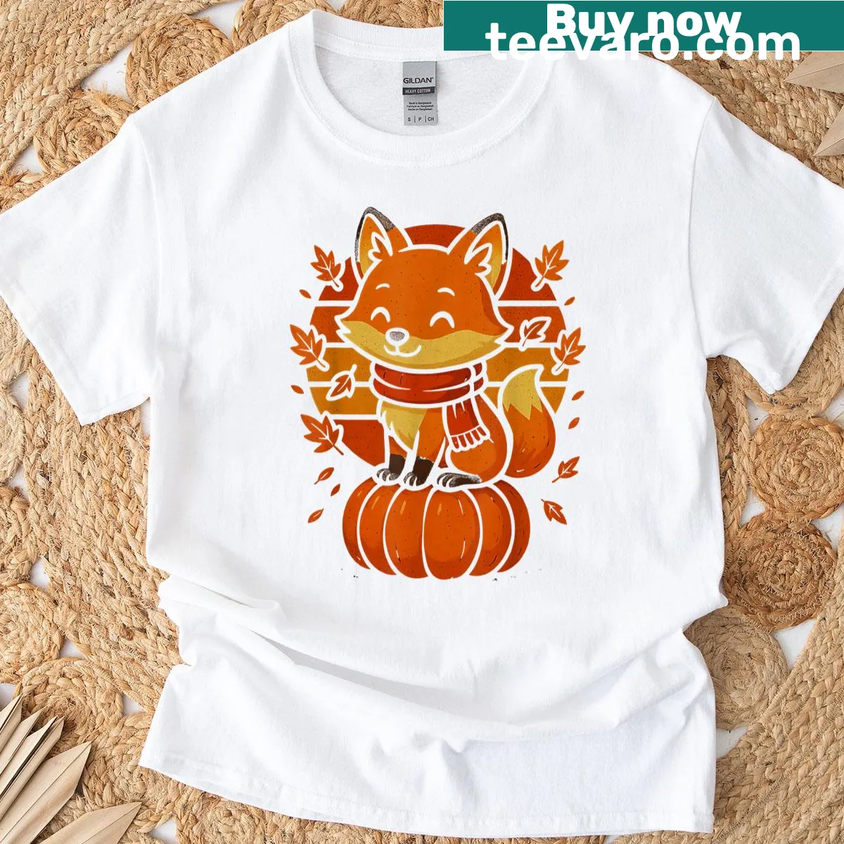 Retro design of a cute fox next to a pumpkin for Thanksgiving — on a men's t-shirt